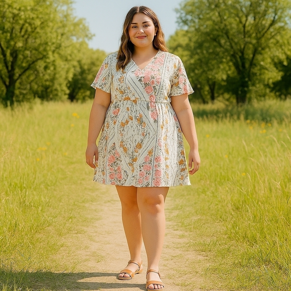 ROOLEE White Floral Print V-Neck Short Sleeve Dress 3X